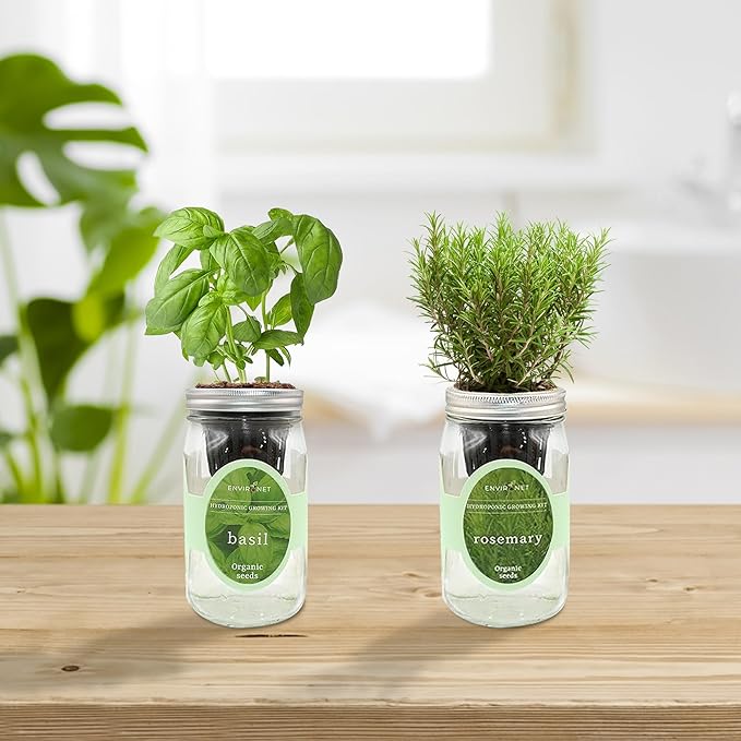 2-Pack Hydroponic Mason Jar Herb Garden Kit, Indoor Herb Garden Self-Watering Starter Kit, New Christmas Gift for Mom (Basil,Rosemary)