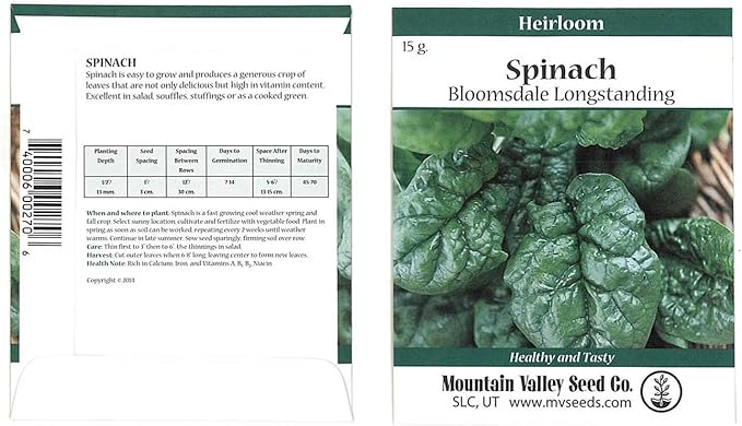 Bloomsdale Spinach Seeds - Long Standing - 15 g Packet - Heirloom, Non-GMO Gardening Seeds - Microgreens and Salad Garden