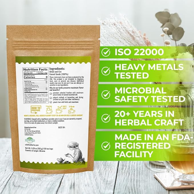 100 Bags Fennel Tea Fennel Seed Tea Herbal (Foeniculum Vulgare) - 100 Count 1.5g Bags Herb Hinojo