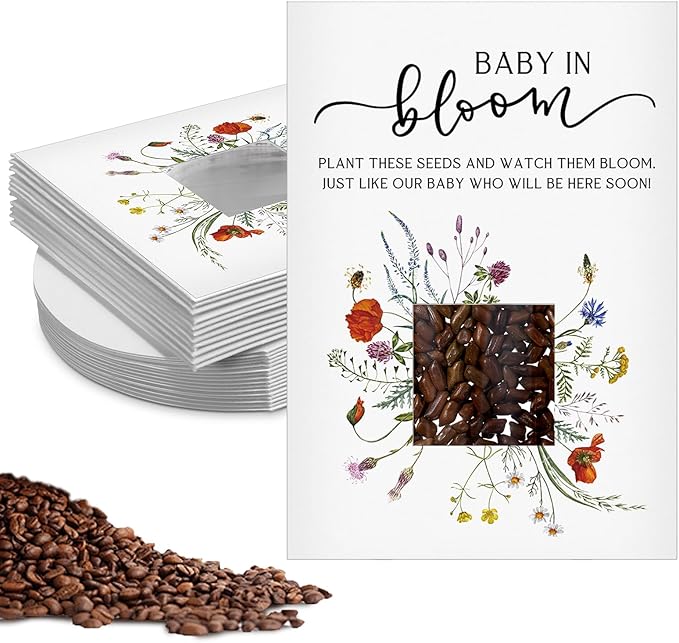 Fumete 50 Pack Baby in Bloom Seed Packets Baby Shower Party Favor for Guest Envelopes Kraft with Clear Window Resealable Seed Organizer Storage Bag for Gender Reveal Party, No Seeds(Watercolor Floral)