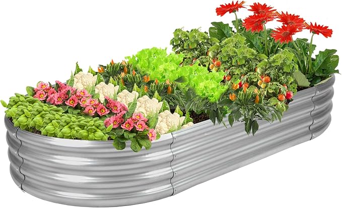 Raised Garden Bed GRS Certified Galvanized Planter Box Outdoor, 5ft Oval Rot-Resistant Metal Garden Bed Planter, Recycled Material Planter for Vegetables Flowers Herbs (Silver)