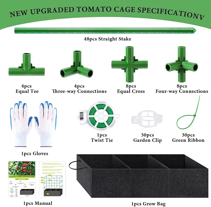 51x17x49 Inch Garden Tomato Cages with 46 Gallon Grow Bags, Square Plant Support Trellis Assembled with Planter Bags, Garden Cucumber Vegetables Frames for Vertical Climbing Plants