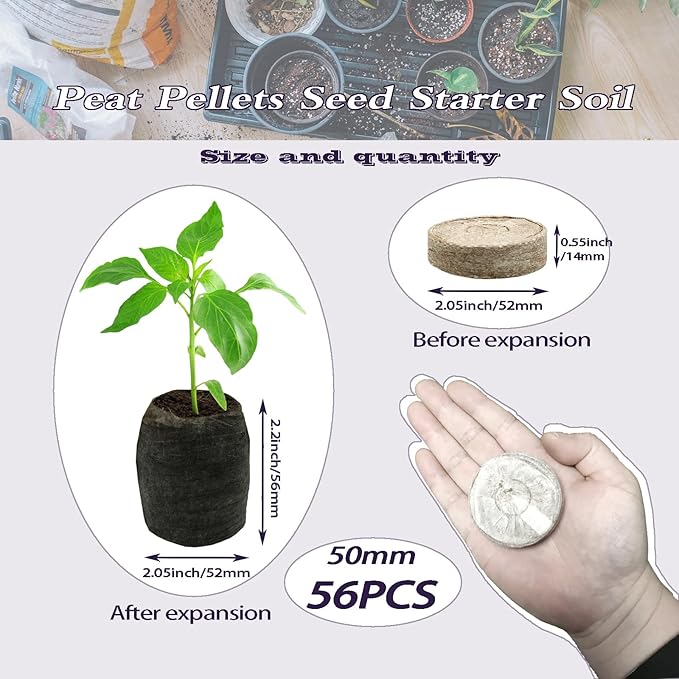 50mm 56 Pcs Peat Pellets Seed Starter Soil,Compressed Seed Starting Soil Peat Pellet for Seed Starting of Plants, Fruits, Vegetables, Flowers, Easy Planting and Transplanting