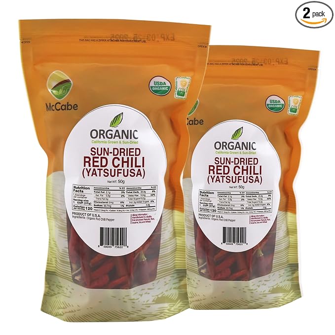 McCabe Organic Sun-Dried Red Chili Pepper - Dried Korean Variety Chili Peppers | Rich with Vitamin D & Minerals | USDA and CCOF Certified | Product of USA | 50g (Korean Variety) Pack of 2.