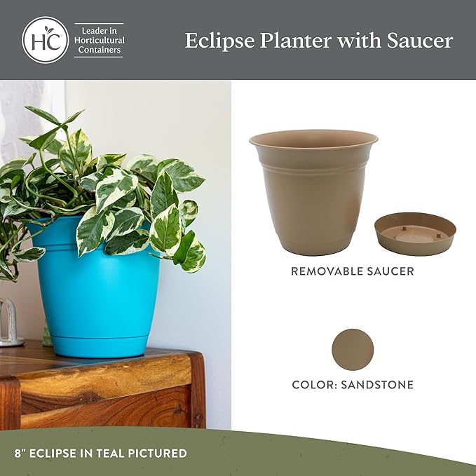 The HC Companies 8 Inch Eclipse Round Planter Pots with Drainage Holes & Attached Saucer, Lightweight UV-Resistant Plastic Indoor Outdoor Planters, 4-Pack Flower Pots for Garden Home Decor, Sandstone