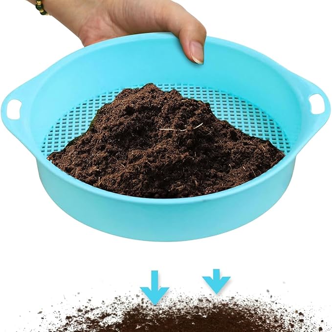 Round Garden Soil Sieve Pan, Gardening Sand Soil Compost Sifter 3mm Tetragonum Hole Soil Sifter Screen Filtering Earth and Stone Tools for Sieve Work of Small Gravel, Soil, Sand(Blue)