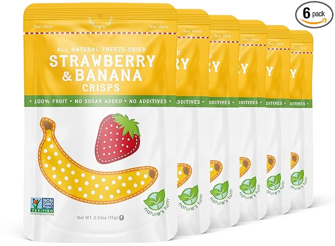 Nature’s Turn Freeze-Dried Strawberry Banana Crisps – Healthy, Gluten-Free, Crispy & Delicious, Plant-Based Snack, Ideal for Cereal, Smoothies, School Lunches, & On-the-Go, Bags of 6 (0.53 oz Each)