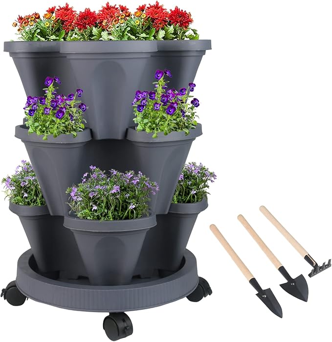 GameXcel Vertical Planter 3 Tier Stackable Planters Garden Planters Strawberry Herb Flower and Vegetable Planter Indoor Outdoor Gardening Pots with Removable Wheels and Tools