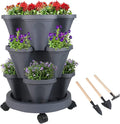 GameXcel Vertical Planter 3 Tier Stackable Planters Garden Planters Strawberry Herb Flower and Vegetable Planter Indoor Outdoor Gardening Pots with Removable Wheels and Tools