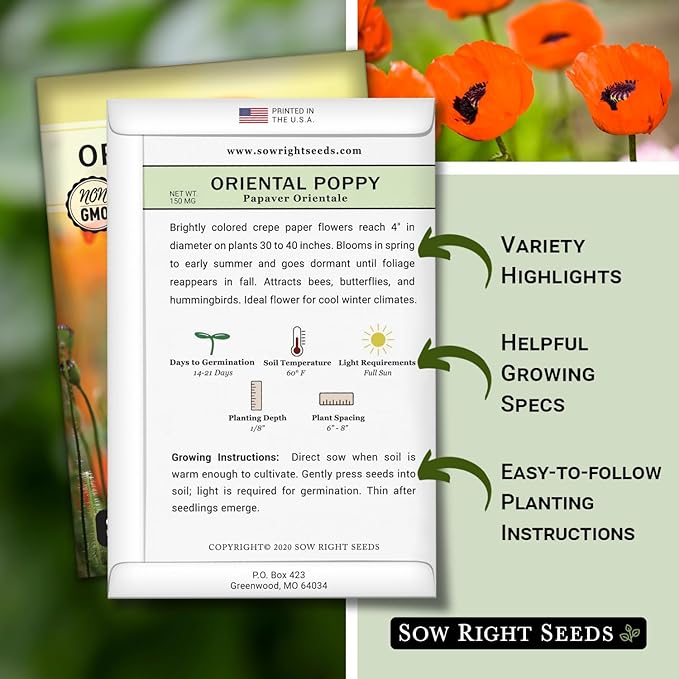 Sow Right Seeds - Oriental Poppy Seeds for Planting - Non-GMO Heirloom Seed Packet with Instructions to Grow a Beautiful Flower Garden - Papery Red Blooms for Outdoors - Self Sowing Perennial (1)