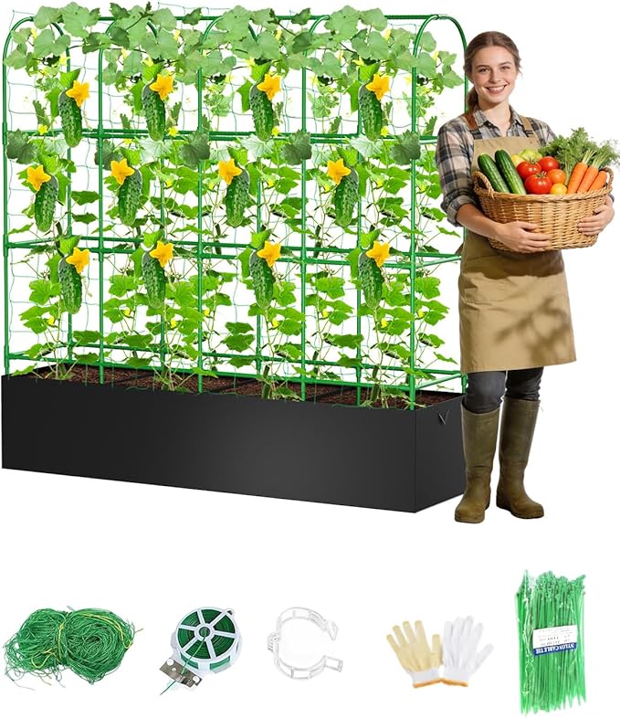 Cucumber Trellis with Grow Bags for Garden, U Frame Garden Trellis for Climbing Plants, Metal Plant Trellis with Garden Netting for Vegetables Flowers Fruits(5 Arches)