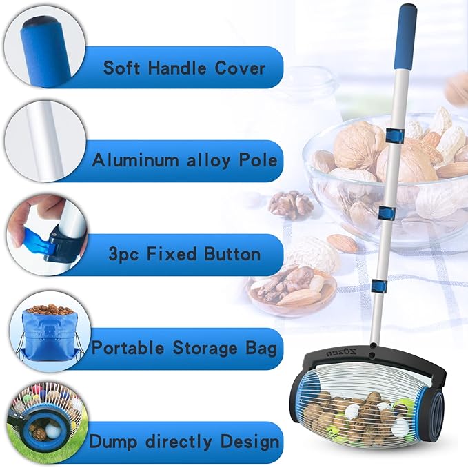 Zozen Nut Gatherer, Pecan Picker Upper, Walnut Picker Upper Roller, Side Opening Dump/Also Apply to Hickory Nuts, Chestnuts, Buckeyes, Golf, Butternuts, Objects Size 3/4'' to 2''; 1.5 Gallon