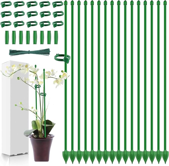 16pcs Plant Stakes for Indoor Plants, 15 inch Garden Orchid Sticks Extended to 3ft 4ft 5ft Plant Suport Stakes with Clips for Indoor Monstera Tomato Orchid Potted Plants Flower