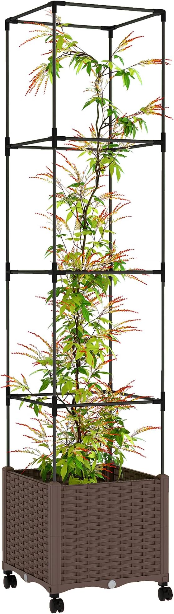 Outsunny Raised Garden Bed with Trellis, 71.7" Tomato Cage with Lockable Wheels, Self Watering Outdoor Planter Box with Drainage Holes and Plugs for Climbing Plants, Vines, Vegetables, Flowers, Brown