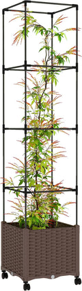 Outsunny Raised Garden Bed with Trellis, 71.7" Tomato Cage with Lockable Wheels, Self Watering Outdoor Planter Box with Drainage Holes and Plugs for Climbing Plants, Vines, Vegetables, Flowers, Brown