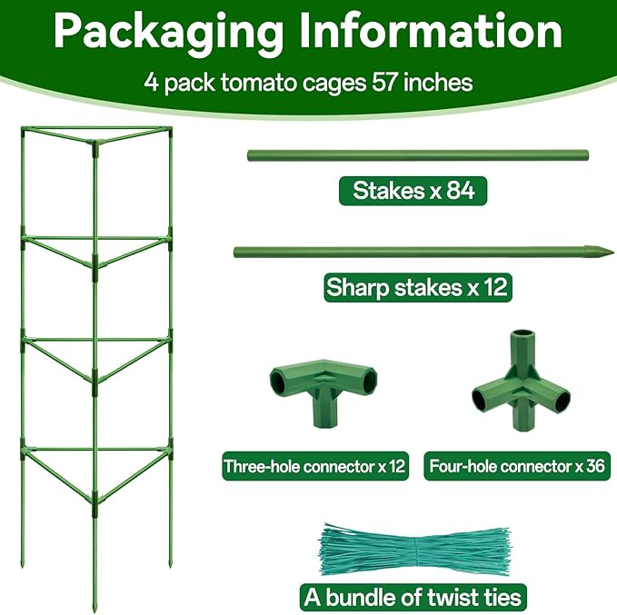 Halatool 57 Inch Tall Tomato Cages, 4 Pack Heavy Duty Metal Plant Supports Stakes for Garden, Adjustable Foldable Steel Trellis for Climbing Plants Cucumbers Peppers Cherry Flowers Vegetables Fruits