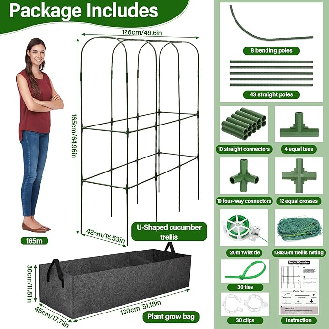Cucumber Trellis for Climbing Plants Outdoors, U-Shape Large Garden Frame Trellis with Planter for Raised Bed Vegetable Fruit Grow Support,65 (H) x 50(L) inches, Includes Netting Ties Gardening Tools