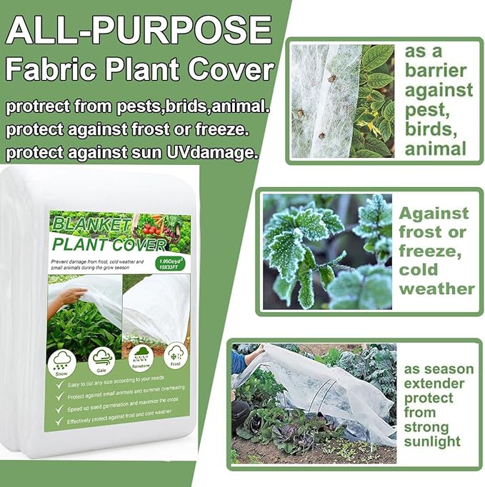 Plant Covers Protection Kit,10Ft x 30Ft 1.0 oz/yd² Reusable Floating Row Cover and 6 Sets of 8FT Fiberglass Garden Hoops for Raised Beds, Freeze Protection Plant Blankets for Cold Weather