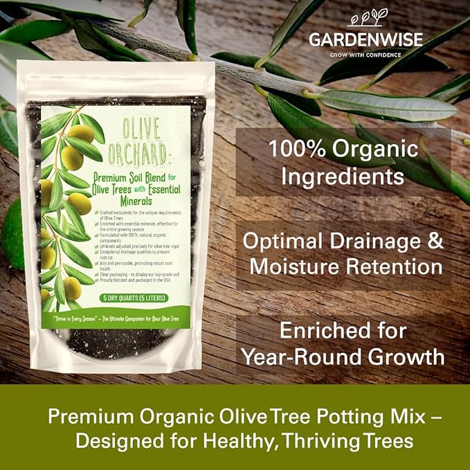 GARDENWISE Organic Olive Tree Potting Mix – Fast-Draining, Nutrient-Rich Soil for Indoor & Outdoor Olive Trees – Mediterranean Plant Care – Long-Lasting Formula (3 QUARTS)
