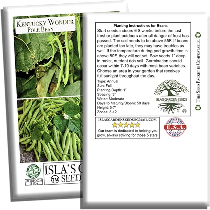 Kentucky Wonder Pole Bean Seeds (Phaseolus vulgaris) – 30+ Non-GMO Heirloom Seeds for Planting, Classic Climbing Variety with Tender Green Pods, by Isla’s Garden Seeds, Gift Idea for Gardeners