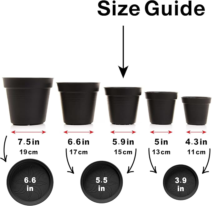 Mintra Home Garden Pots 4pk - Flowers, Herbs, Plants, Indoor, Outdoor, Colorful, Wholesale, Bulk (Black, 15cm Diameter (5.9in))