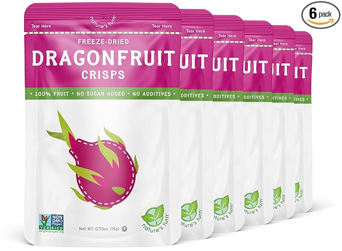 Nature’s Turn Freeze-Dried Dragon Fruit Crisps – Healthy, Gluten-Free, Crispy & Delicious, Plant-Based Snack, Ideal for Cereal, Smoothies, School Lunches, & On-the-Go, Bags of 6 (0.53 oz Each)