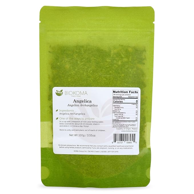 Biokoma Pure Angelica (Angelica Archangelica) Dried Root 100g (3.55oz) in Resealable Moisture Proof Pouch Herbal Tea No Additives No Preservatives, Kosher