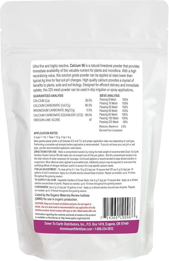 Down To Earth All Natural Fertilizers Organic Solution Grade Calcium 96 - Professional Grade Limestone Powder 325 mesh for Liquid, Drip or Spray Applications, 1 lb