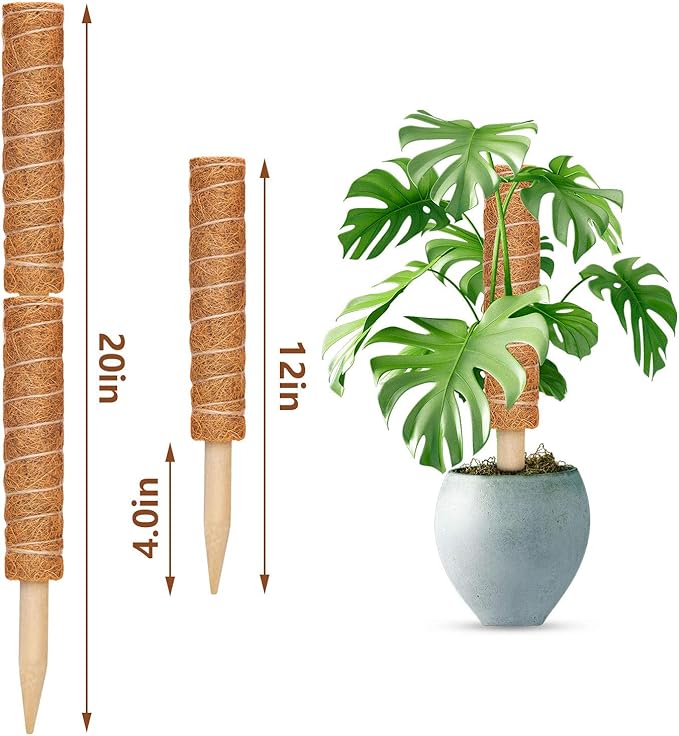 2 Pcs 12 Inches Coir Moss Poles for Climbing Plants with 4 Pcs Adjustable Plant Twist Ties - Coir Moss Totem Stick for Creepers Plant Support Extension, Climbing Indoor Plants(Total 20 Inch)