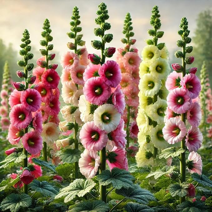 Hollyhock Spring Mix Seeds – Alcea Rosea | Biennial/Perennial | Towering, Vibrant Blooms for Cottage Gardens