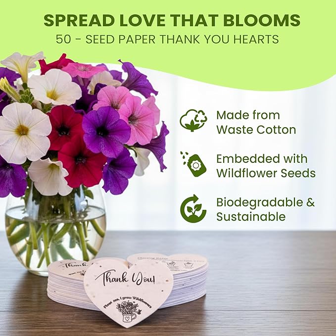 50 Plantable Seed Paper Hearts with Wildflower Seeds- A Thank You Card That Grows | A Memorable Gift Tag That Keeps Giving | 2.5in x 2in Thank You Note for Bridal Shower, Weddings, Holidays, and for Small Business Thank You Cards