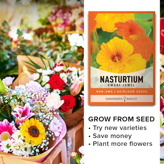 Gardeners Basics, Nasturtium Flower Seeds for Planting (Dwarf Jewel) - Edible Flower Open Pollinated, Non-GMO Annual Flower Seed for Flower Gardens