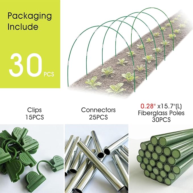 RIFNY 30 PCS Garden Hoops for Raised Beds, Greenhouse Hoops Kit Long Grow Tunnel for Row Cover, Rust-Free Fiberglass Garden Support Poles for Insect Mesh Netting Freeze Plant Cover (Green)