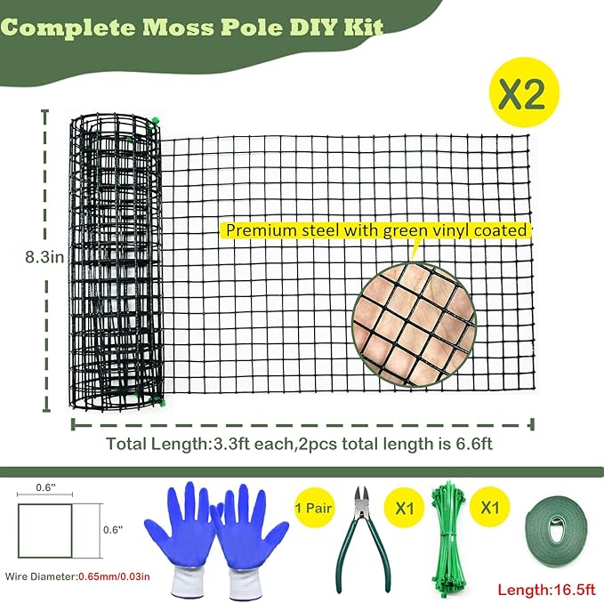 Moss Pole DIY Kit, 6.6/13.2/26.4ft Metal Moss Pole for Plants Monstera, 2Pcs 8.3in×3.3ft Steel Mesh with Plier, Cable Zip Ties, Sphagnum Moss Pole (6.6ft Wire Mesh with Plier)