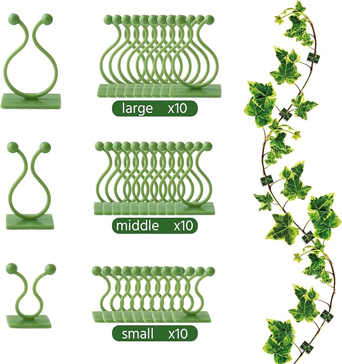 Beurio Plant Clips for Climbing Plants, 30 Pcs 3 Sizes Set Vine Wall Clips, Self Adhesive Durable Plastic Ivy and Pothos Support Holders, Indoor Greenery Arrangement, Wall Decor, Cable Management