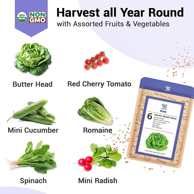 Salad Seed Pod Kit, Grow Anything Kit for All Hydroponics Growing Systems, 14 Pods with 600+ Seeds of Red Cherry Tomato, Butter Head, Romaine, Spinach, Mini Cucumber and Radish