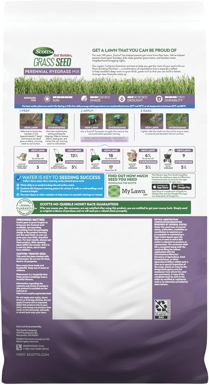 Scotts Turf Builder Grass Seed Perennial Ryegrass Mix with Fertilizer and Soil Improver, Establishes Quickly, 5.6 lbs.