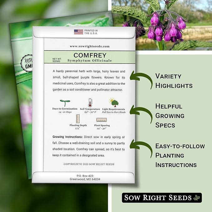 Sow Right Seeds - Comfrey Seeds for Planting - Non-GMO Heirloom Packet with Instructions to Plant an Outdoor or Indoor Herb Garden - Roots & Leaves for Home Remedies - Medicinal Salve, Oil, Tea (4)