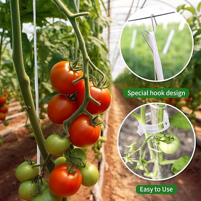 10pcs Tomato Support Hooks with 20pcs Tomato Clips, J Hooks to Prevent Tomatoes from Pinching or Falling Off, Garden Hooks with 33.3ft Twine, Plant Climbing Hooks for Tomatoes Cucumber (10)