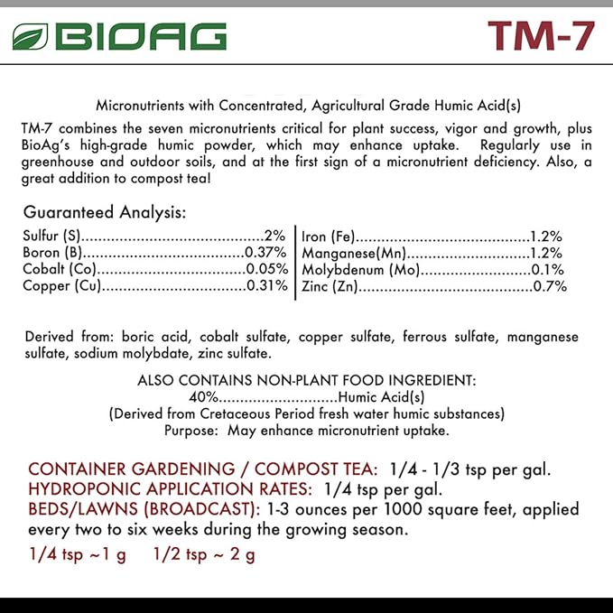 BioAg TM7 Organic Humic Acid Soil Conditioner Plus Essential Micronutrients, Dry Amendment for All Plants, Lawns, S B Co Cu Fe Mn Mo Zn (1 kg) (BA74022)