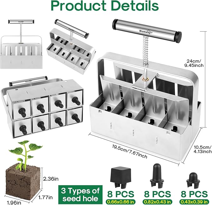 BlumWay Upgraded Soil Blocker, 8 Cell Seed Blocker 2 inch Quad Soil Block Maker Manual with 3 Types of Seed Pins,Hand-held Soil Blocking Tool for Seed Stater Tray Outdoor Plants