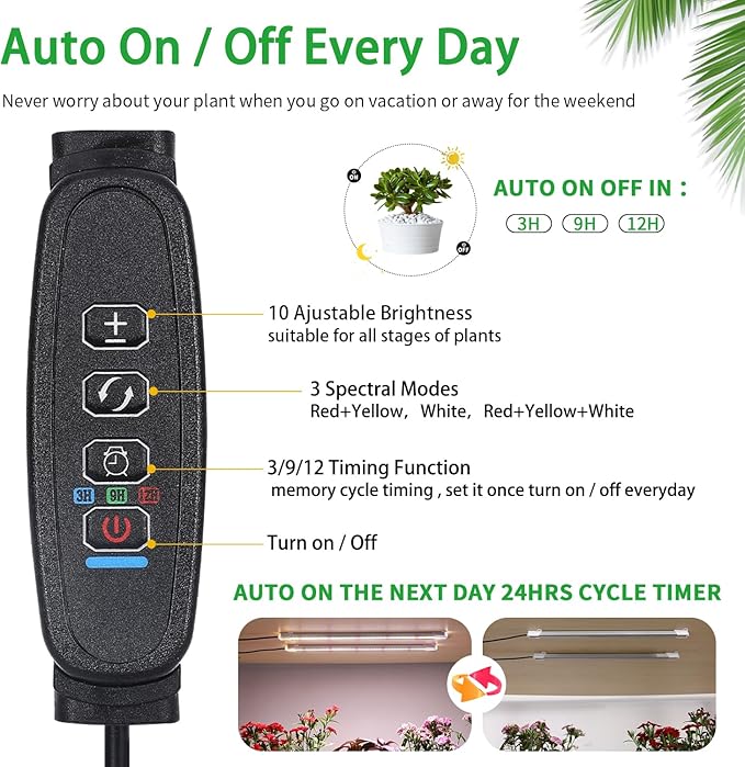 RWNTAO Two Strip Growing Lamp for Indoor Plants, Red & 3000K & 6000K Full Spectrum LED Grow Light Strips with Auto ON/Off 3/9/12H Timer,10 Dimmable Levels for Green House Succulent (13 in)