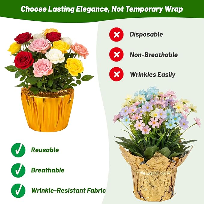 4 Pack Plant Pot Covers, Decorative Plant Sleeve Fit for 4.5 Inch Pots, Reusable Golden Cloth Wrap for Potted Plant, Versatile Planter Cover for Weddings Parties and Holidays (Fit for 4.5" Pots)