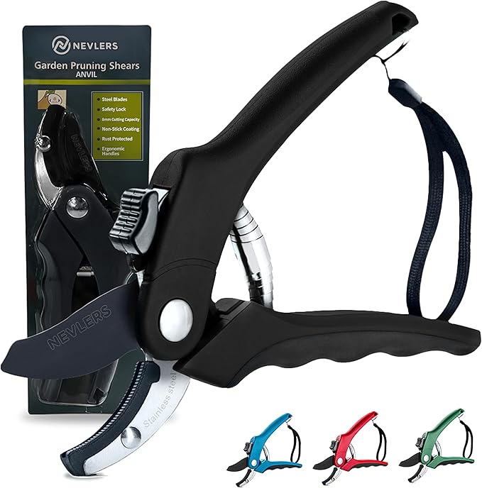 Nevlers 8" Anvil Pruning Shears for Gardening – Garden Shears with Stainless Steel Blades & 8mm Cut Capacity | Hand Pruners for Gardening | Ergonomic Garden Tools | Heavy Duty Scissors w/Safety Lock