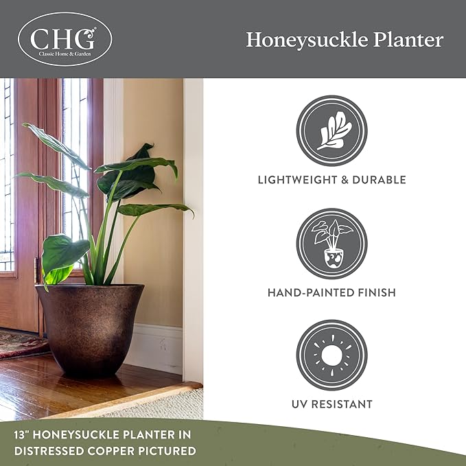 Classic Home and Garden Honeysuckle Resin Planters - Lightweight Indoor & Outdoor Plant Pots - UV-Resistant Plastic Flower Pots - Pot Planters for Flowers & Herbs (15" Fossil)