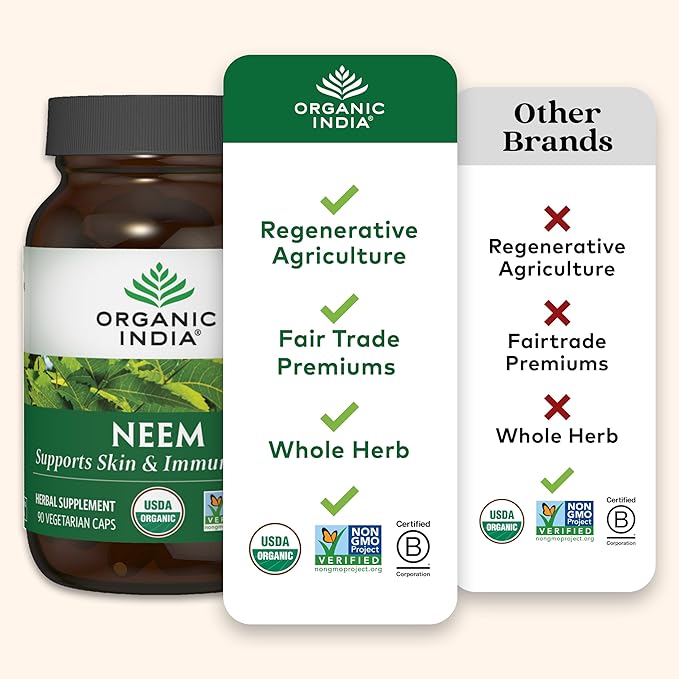 ORGANIC INDIA Neem Leaf Capsules - Herbal Supplement, Supports Skin & Immune Health, Vegan, Gluten Free, USDA Certified Organic - 90 Count