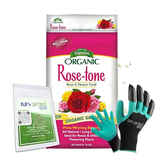 Espoma RT18 Organic Rose-Tone 4-3-2; 18 lb. Bag with My Garden Pool PH Soil Test Strips 20 ct, and My Garden Pool Superior Gardening Claw Gloves and Garden-IQ, Smart Gardening AI Assistant!