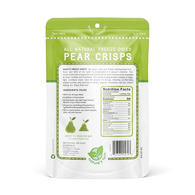 Nature’s Turn Freeze-Dried Pear Crisps – Healthy, Gluten-Free, Crispy & Delicious, Plant-Based Snack, Ideal for Cereal, Smoothies, School Lunches, & On-the-Go, Bags of 6 (0.53 oz Each)