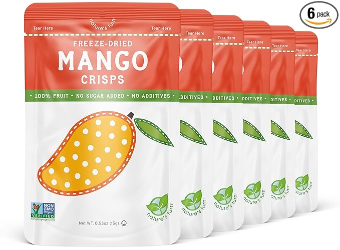 Nature’s Turn Freeze-Dried Mango Crisps – Healthy, Gluten-Free, Crispy & Delicious, Plant-Based Snack, Ideal for Cereal, Smoothies, School Lunches, & On-the-Go, Bags of 6 (0.53 oz Each)