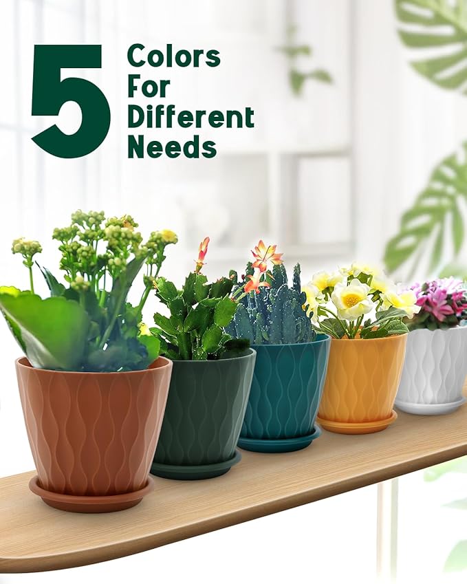 4 Inch Plastic Planter Pots with Drainage Holes & Saucers, Indoor/Outdoor Flower Pots for Plants, Succulents, Herbs, 5 Pack Set